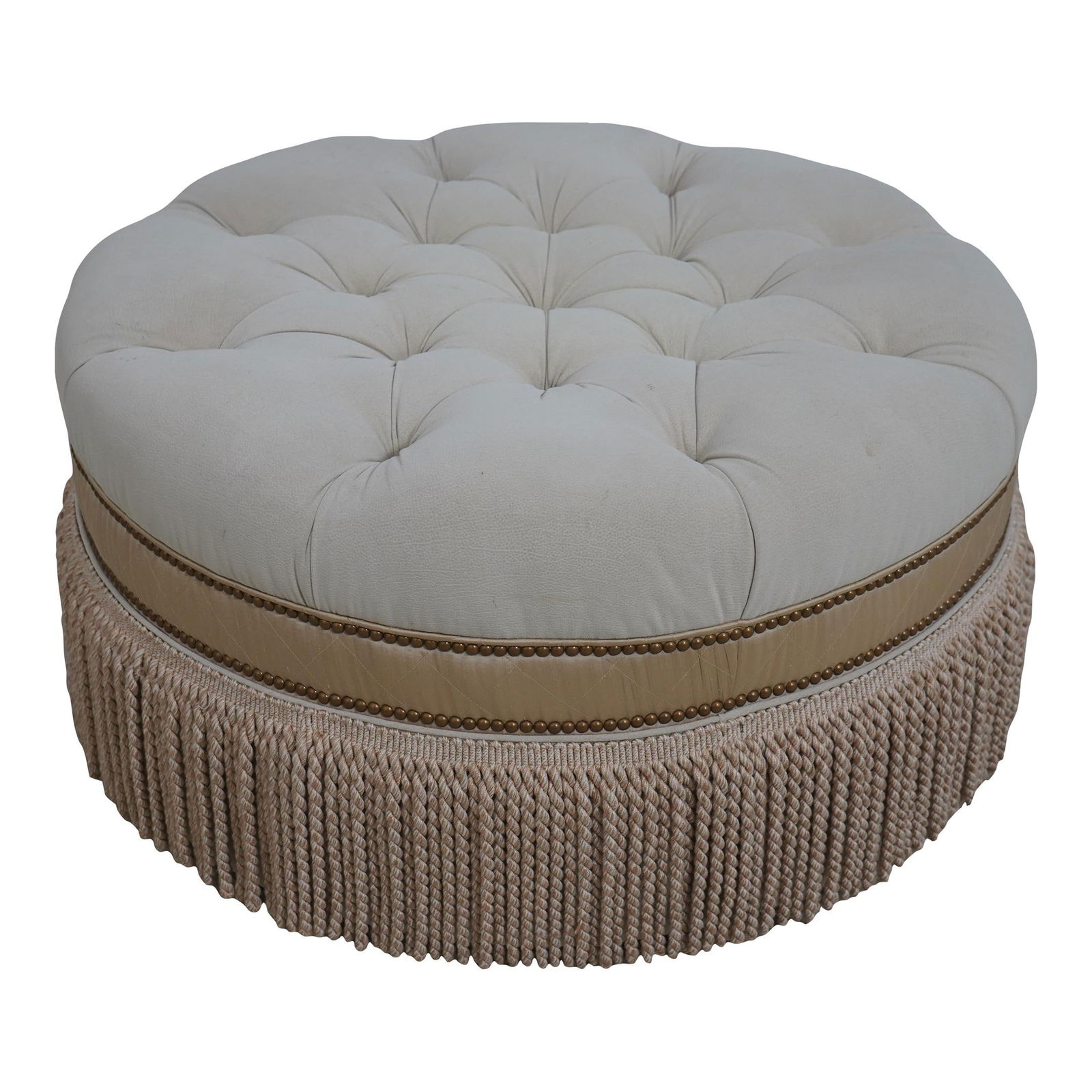 White Suede Round Ottoman with Tufted Seat and Tassel Trim (1 of 8)
