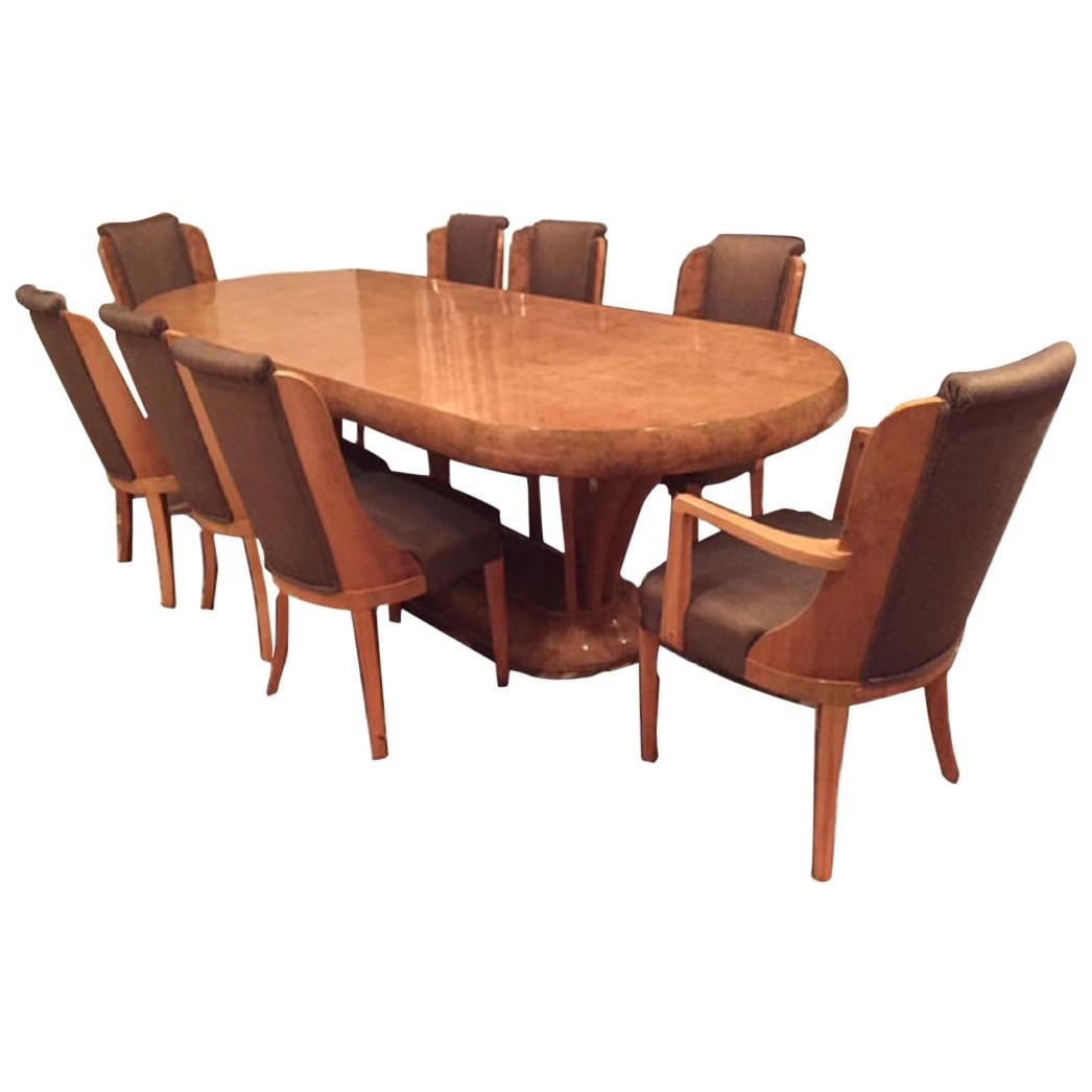 French 1920s Art Deco Burl Walnut Dining Table with Eight Chairs Set: French 1920s Art Deco Burl Walnut Dining Table with Eight Chairs Set This is a fine quality French Art Deco dining room set from the 1920s, featuring a matching table and eight chairs, including six s