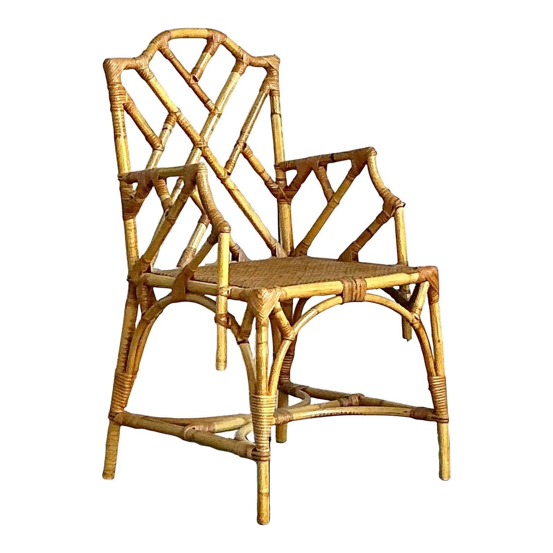 Chinoiserie Bamboo Armchair With Chinese Chippendale Fretwork Design: Chinoiserie Bamboo Armchair With Chinese Chippendale Fretwork Design This vintage Italian bamboo armchair showcases the iconic geometric fretwork associated with the Chinese Chippendale style. Handcra