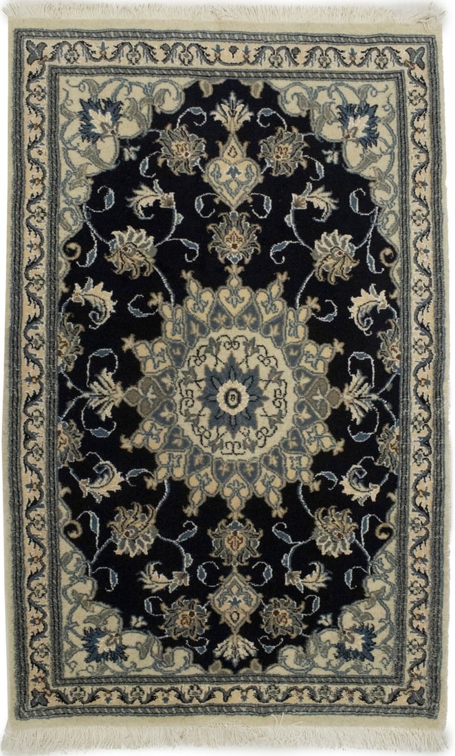 Handmade Vintage Navy Floral Wool Area Rug 4'6 x 2'10 (1 of 11)