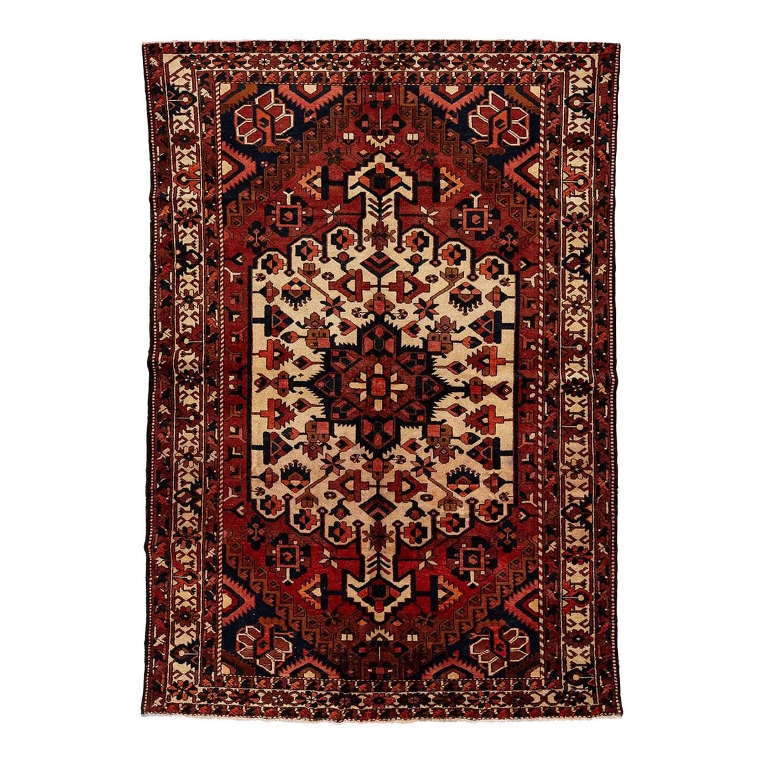 1960s Persian Hand-Knotted Wool Rug Red-Rust Medallion 7' x 10'2: 1960s Persian Hand-Knotted Wool Rug Red-Rust Medallion 7' x 10'2 Discover the charm of this 1960s Persian hand-knotted wool rug, featuring a striking red-rust color field adorned with a vibrant medall
