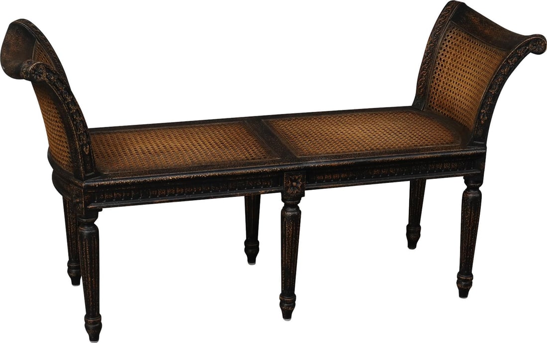 Barcelona Blackwash Cane Rattan Bench with Curved Ends: Barcelona Blackwash Cane Rattan Bench with Curved Ends Introducing a beautifully crafted Black Cane Bench with Curved Ends, designed in an antique or vintage style. This window bench features a striki