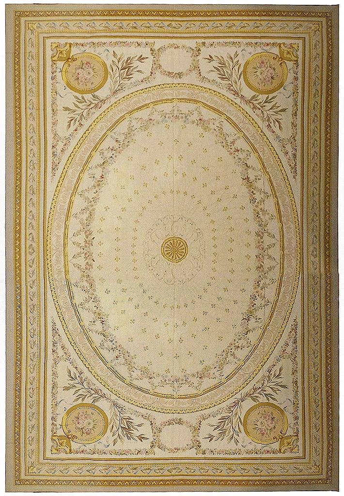 Large 13.8 x 23.1 Aubusson Rug in Gold Handwoven: Large 13.8 x 23.1 Aubusson Rug in Gold Handwoven Free continental US Shipping Introducing an exquisite 13.8 x 23.1 Mansion Size Flat Weave Large Aubusson Rug in stunning gold. This majestic rug showca