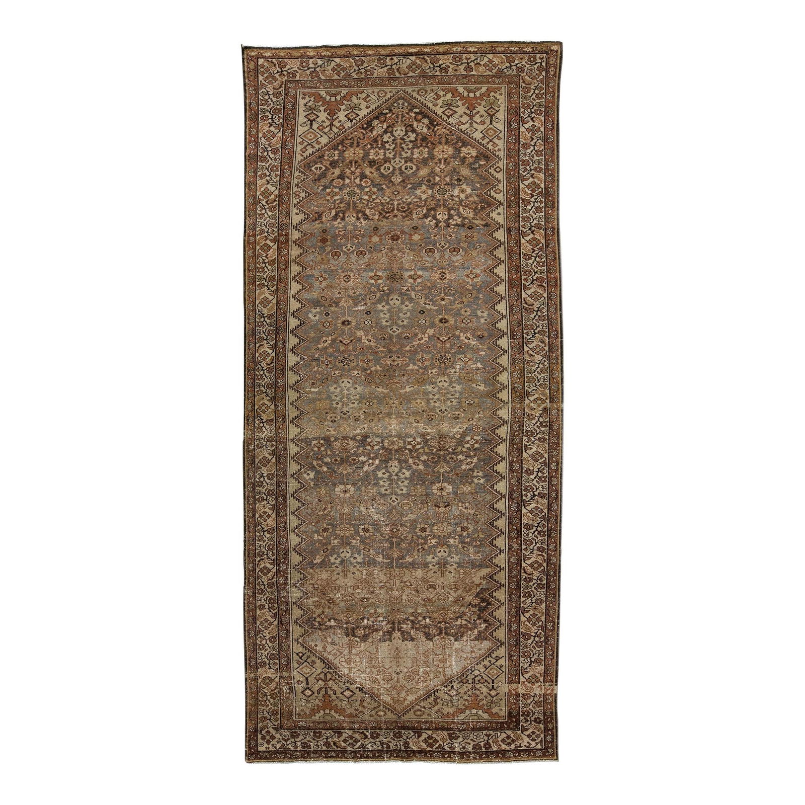 Antique Persian Malayer Handmade Wool Rug 5'11 x 13'6 Geometric Design: Antique Persian Malayer Handmade Wool Rug 5'11 x 13'6 Geometric Design Discover the beauty of this antique Malayer hand-knotted wool rug, showcasing a stunning gray and beige color field. The rug feat