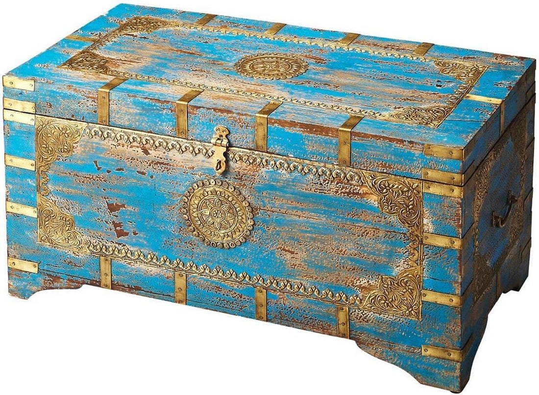 Butler Neela Blue Mango Wood Rectangular Trunk: Butler Neela Blue Mango Wood Rectangular Trunk Introducing the Butler's Neela Mango Wood Trunk, a stunning addition to your home decor with its antique-inspired design. Crafted from durable mango wood