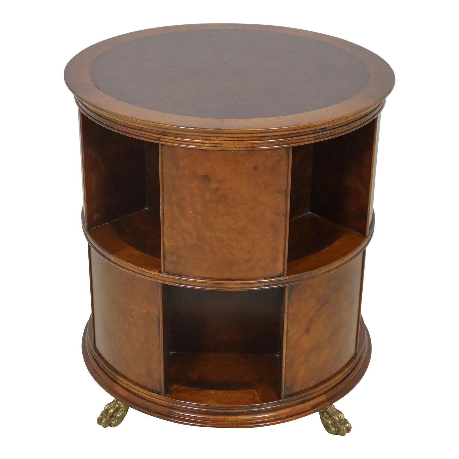 Drexel Round Walnut Occasional Table with Brass Paw Feet: Drexel Round Walnut Occasional Table with Brass Paw Feet This exquisite Drexel Round Walnut Bookshelf Occasional Table is a timeless piece that showcases quality construction and elegant design. Craft