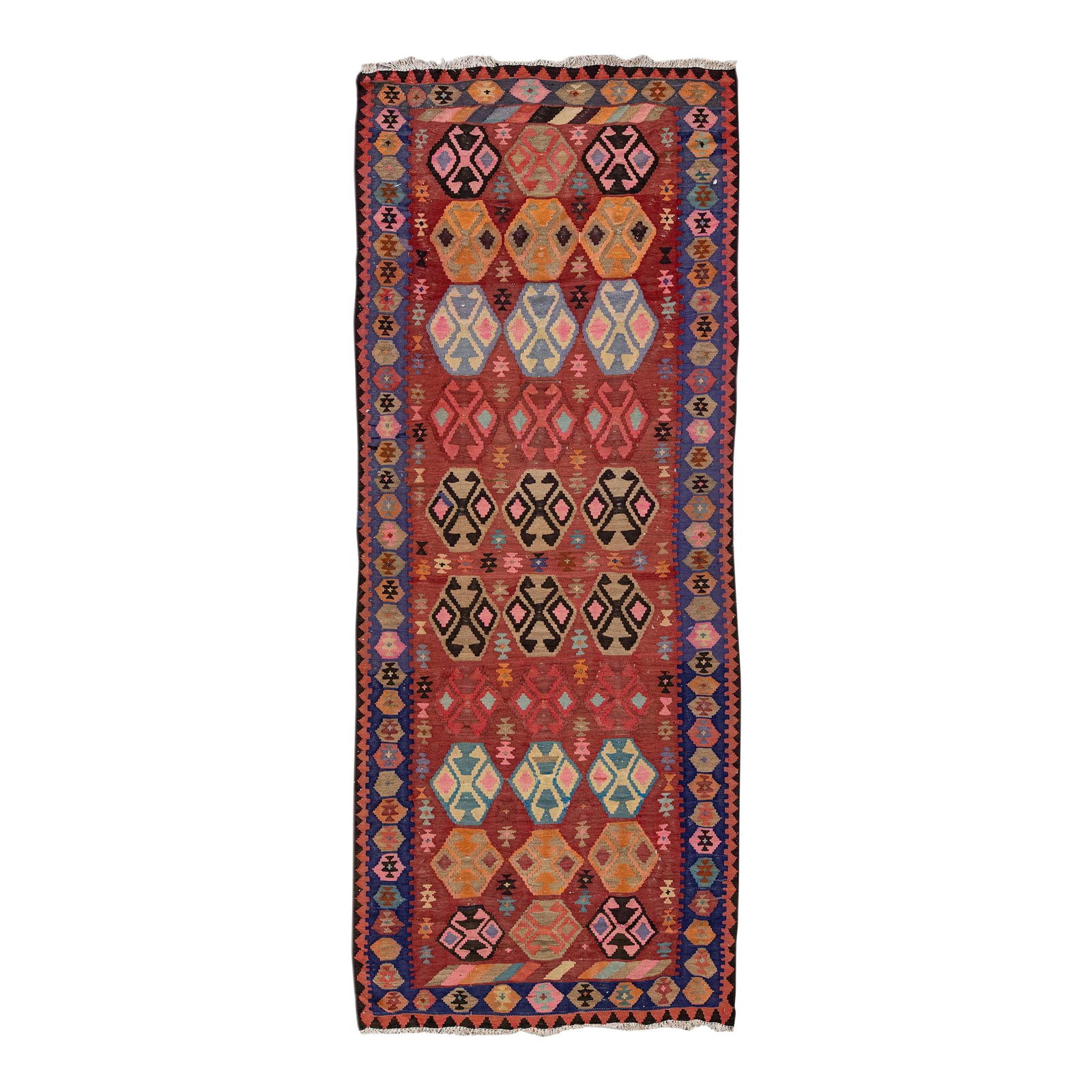 Vintage Kilim Handmade Wool Runner 4'6 x 11'5 Geometric Design: Vintage Kilim Handmade Wool Runner 4'6 x 11'5 Geometric Design This stunning vintage Kilim wool runner showcases a beautiful rusted field adorned with an intricate geometric pattern. The flatweave des