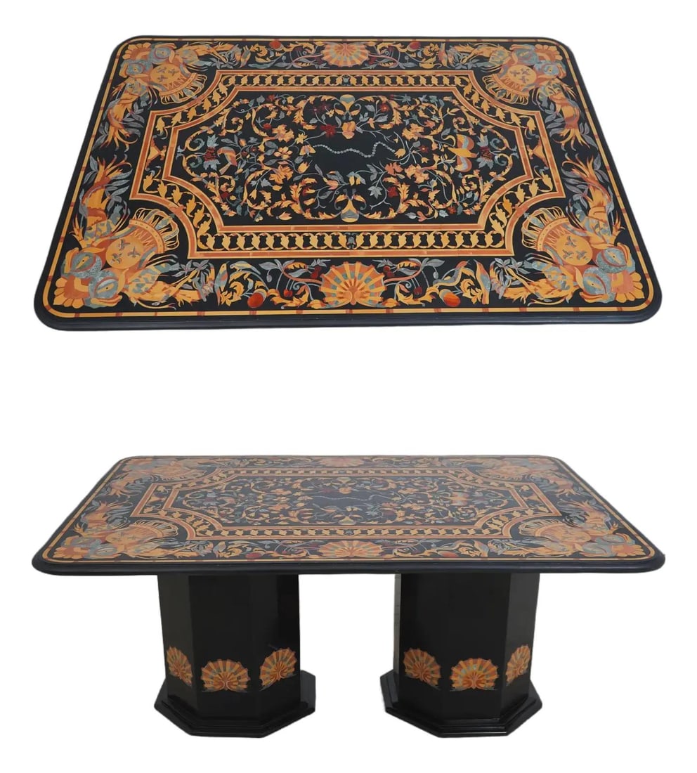 Italian Dining Room Table with Pietra Dura Inlaid Marble Top: Italian Dining Room Table with Pietra Dura Inlaid Marble Top This exquisite Italian dining room table features a stunning Pietra Dura inlaid marble top and pedestals, showcasing intricate craftsmanshi
