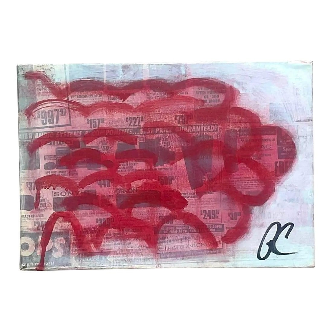 Russell Christoffersen Signed Abstract Canvas Painting with Red and Newsprint Elements (1 of 5)