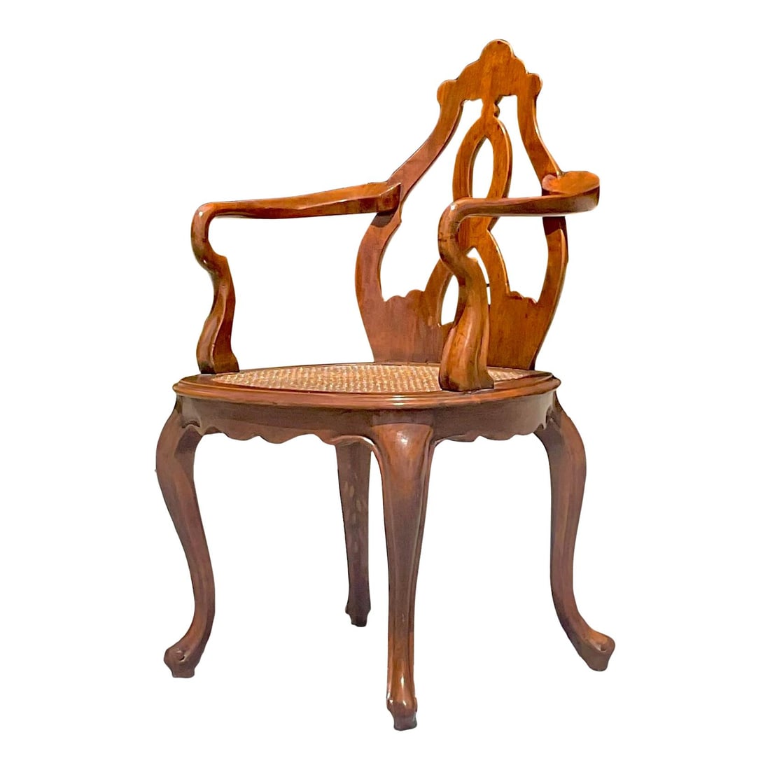 Vintage Italian Cane Chair Venetian Style Fruitwood Boho 35.5": Vintage Italian Cane Chair Venetian Style Fruitwood Boho 35.5" This exquisite vintage Italian lounge chair showcases a chic Venetian style, crafted from polished fruitwood. The inset cane seat adds a