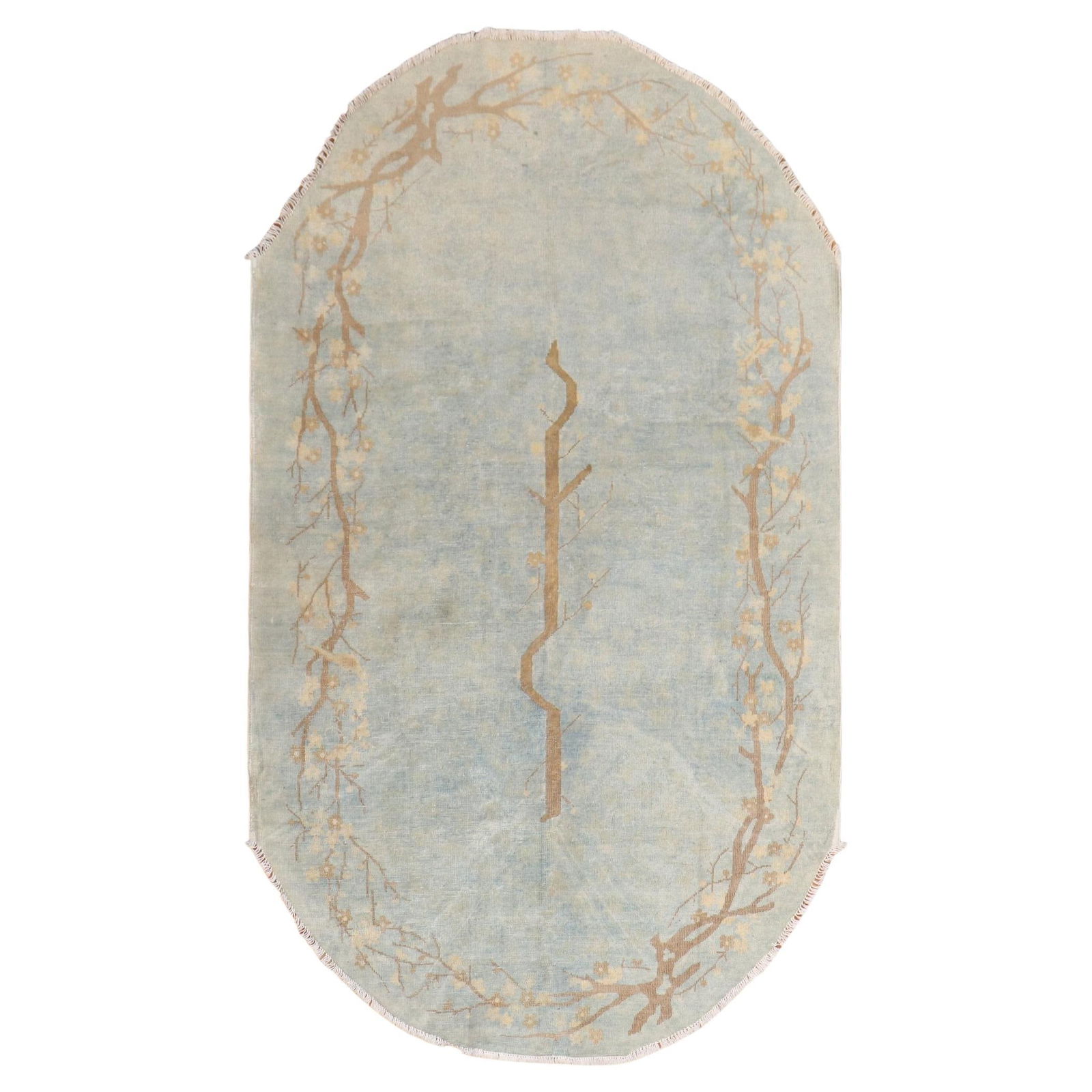 Art Deco Powder Blue Oval Chinese Rug 4' x 7' Wool Hand-Painted: Art Deco Powder Blue Oval Chinese Rug 4' x 7' Wool Hand-Painted This exquisite powder blue oval Chinese rug showcases a classic Art Deco style, meticulously crafted from high-quality wool and hand-pai