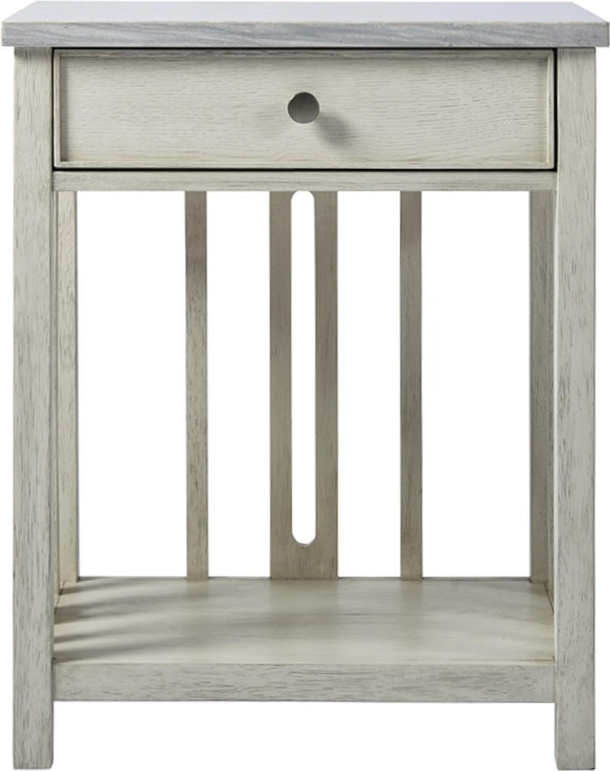 Coastal Inspired Nightstand with Stone Top by Universal: Coastal Inspired Nightstand with Stone Top by Universal Elevate your bedroom decor with this sophisticated bedside table featuring a stunning stone top. Designed with a coastal style, this nightstand