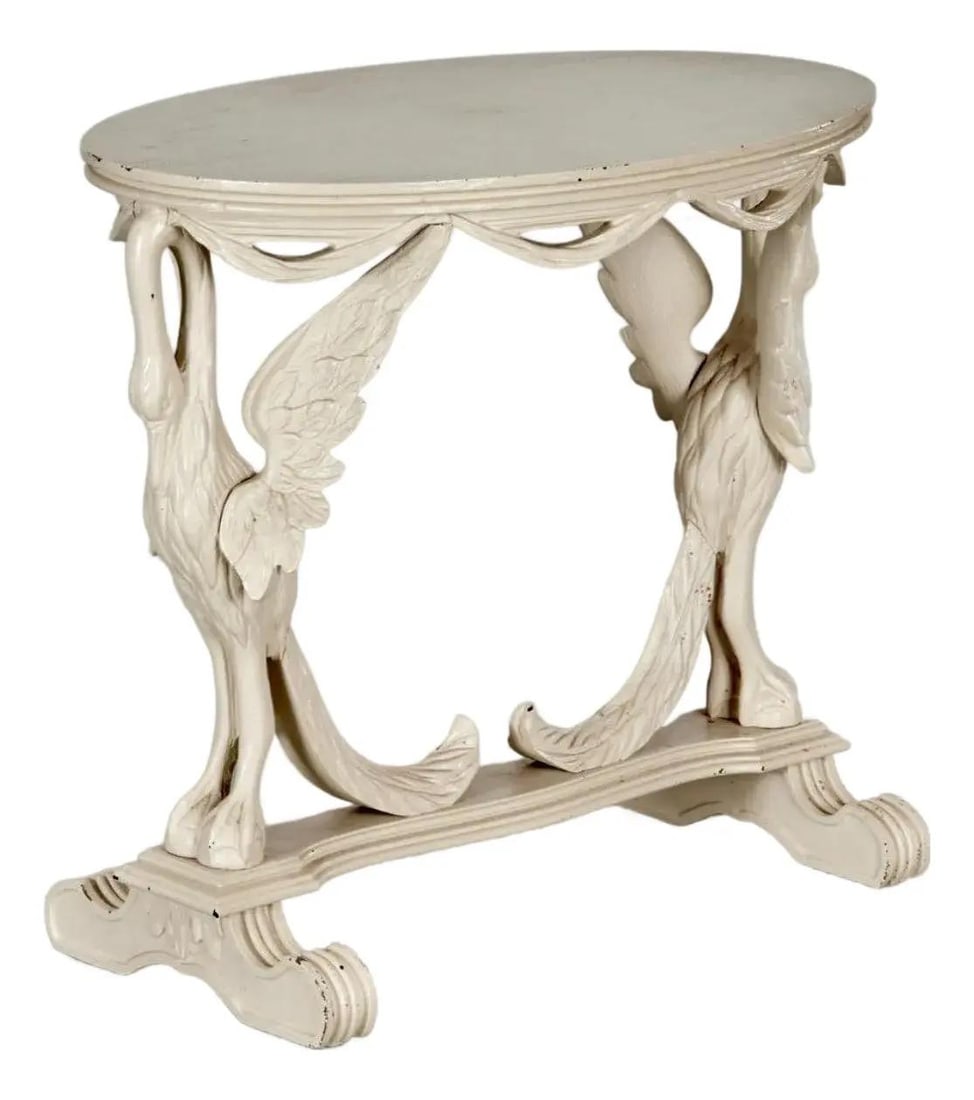 French Art Deco Pine Oval Table with Painted Swan Motif Circa 1930s (1 of 6)