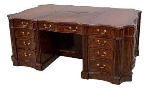 Mahogany Partners Desk with Tooled Leather Top and Brass Hardware (1 of 10)