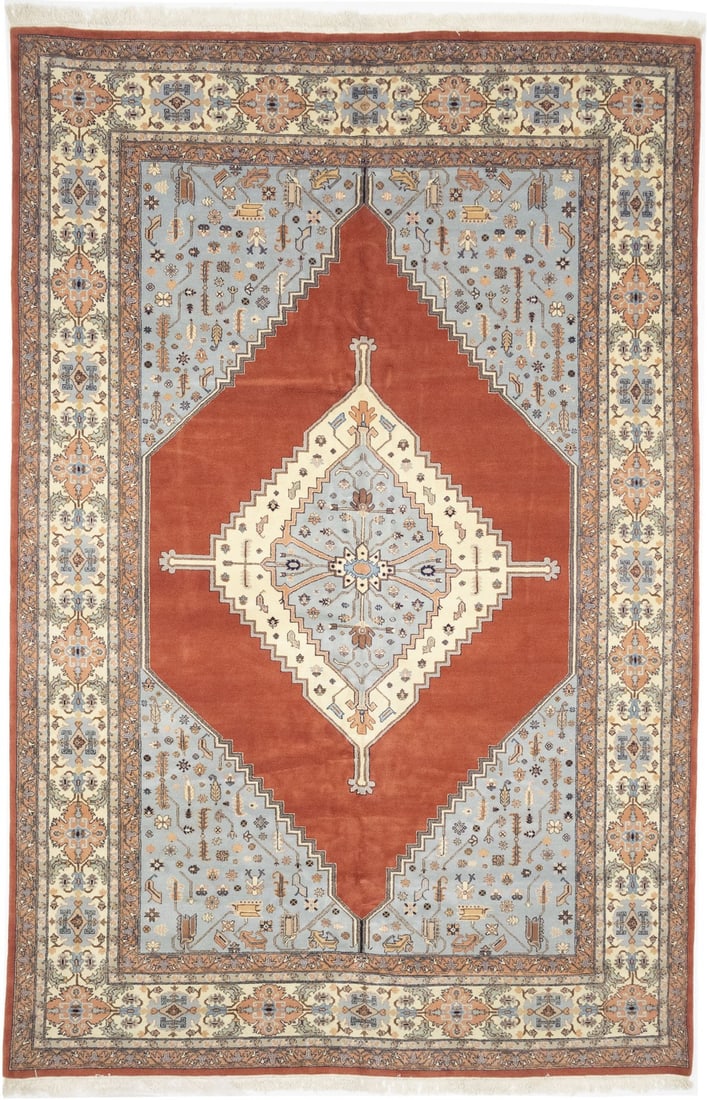 Hand-Knotted Wool Indo Heriz Rug 10'10 x 16'4 Floral Pattern Orange Red Cream: Hand-Knotted Wool Indo Heriz Rug 10'10 x 16'4 Floral Pattern Orange Red Cream This oversized Indo Heriz Oriental rug features a striking floral design in orange-red, cream, light blue-gray, peach, and