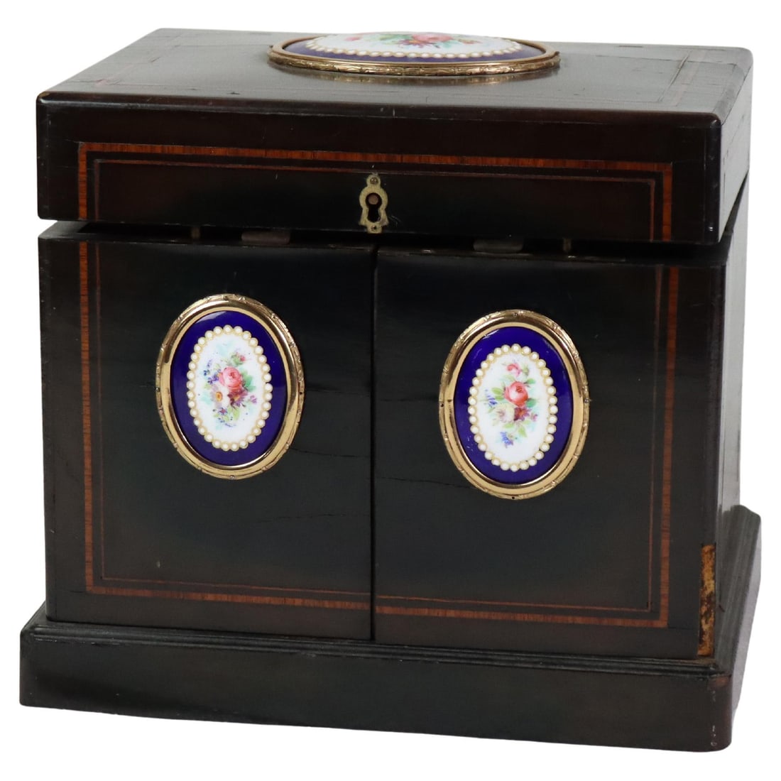 Late 19th Century Inlaid Ebonized Humidor With Sevres Floral Porcelain Plaque (1 of 11)