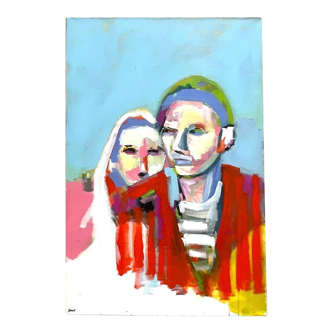 Vintage Boho Abstract Expressionist Oil Painting 24x36 Sky Blue: Vintage Boho Abstract Expressionist Oil Painting 24x36 Sky Blue This Vintage Boho Abstract Expressionist Figural Oil Painting on Canvas features bold colors and dynamic figures, reflecting American ar