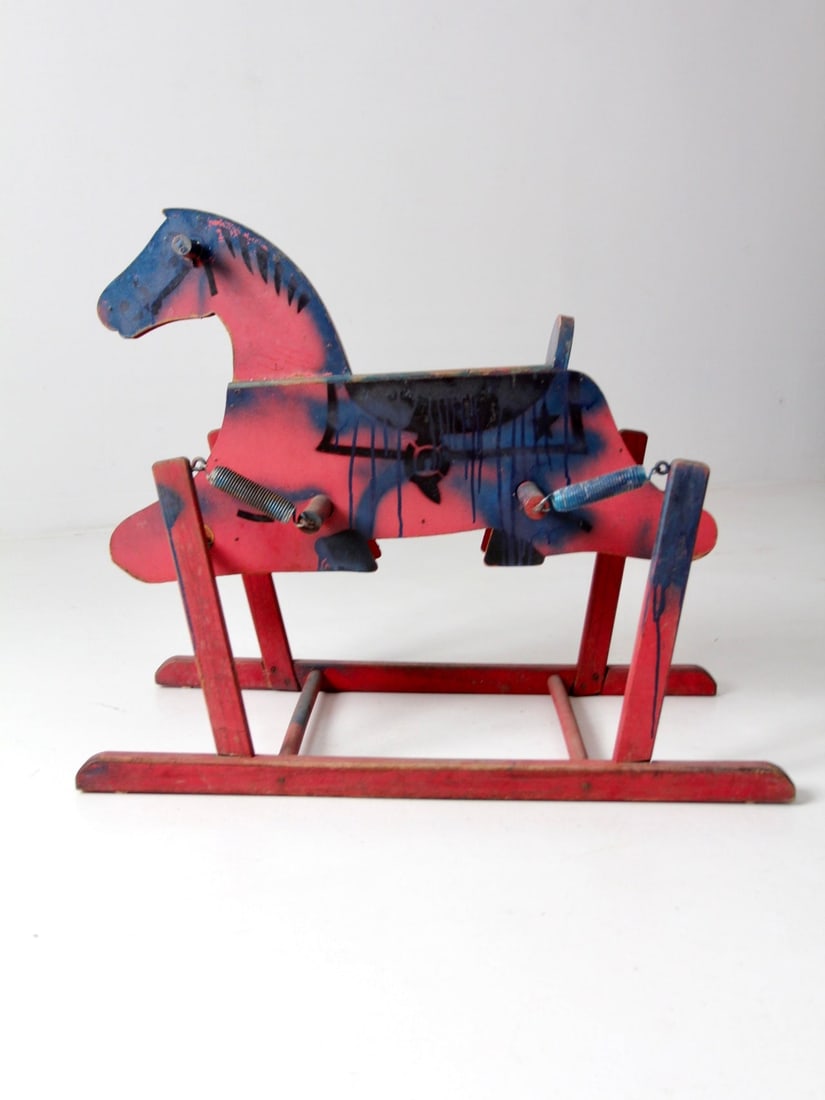 1930s Wooden Rocking Horse with Painted Saddle and Red Patina (1 of 9)