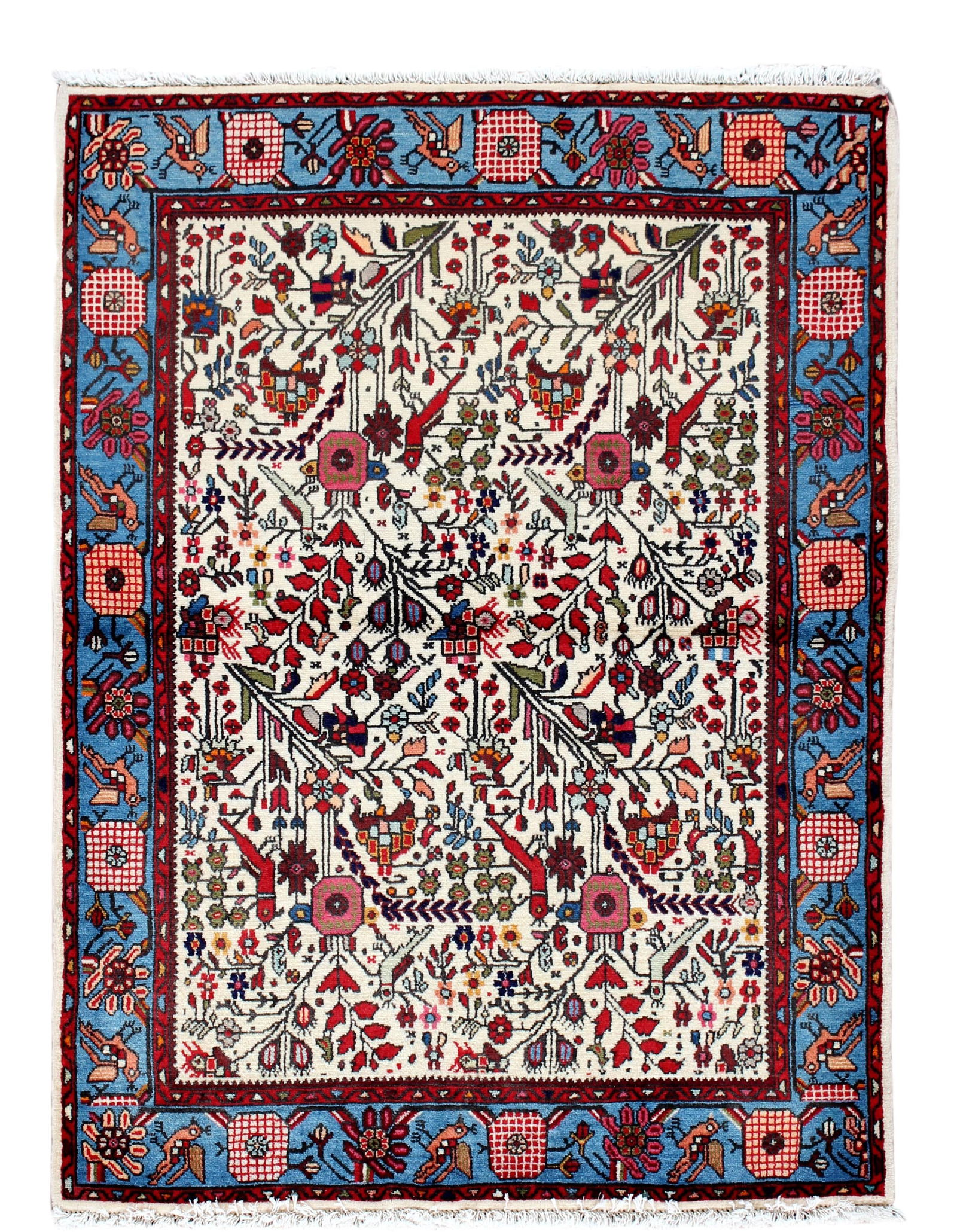 Vintage Handmade Persian Hamadan Wool Rug Ivory Floral Design 3'7 x 4'10 (1 of 6)