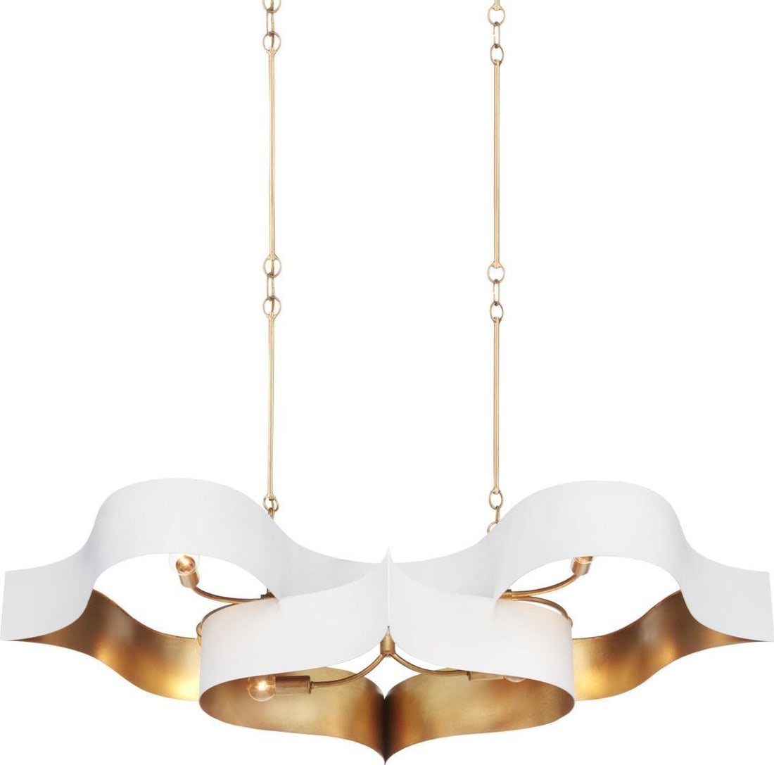 Currey Grand Lotus Oval Chandelier White Gold Wrought Iron 6 Bulb: Currey Grand Lotus Oval Chandelier White Gold Wrought Iron 6 Bulb Illuminate your space with this elegant oval chandelier, featuring a stunning combination of white and contemporary gold leaf finishes