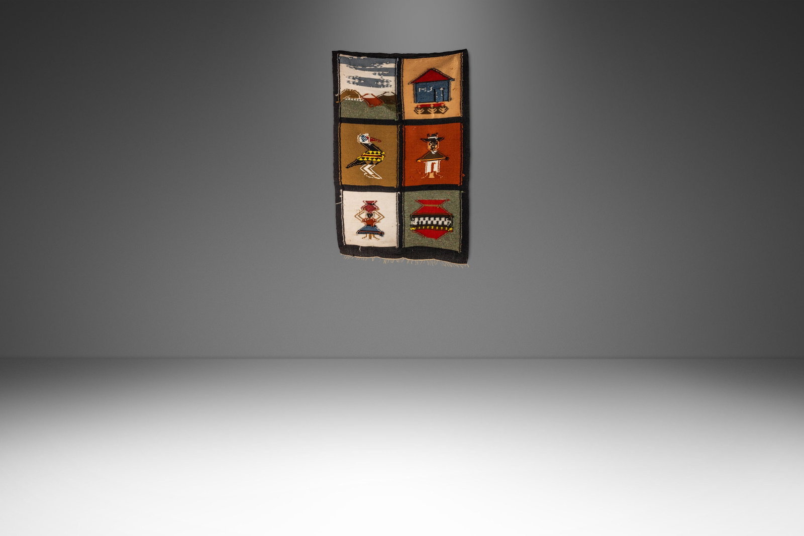 Mid 20th Century Navajo Southwestern Pictorial Wool Tapestry 27 x 41 in: Mid 20th Century Navajo Southwestern Pictorial Wool Tapestry 27 x 41 in This vintage Native American Navajo pictorial rug tapestry is a striking representation of Southwestern artistry, showcasing han