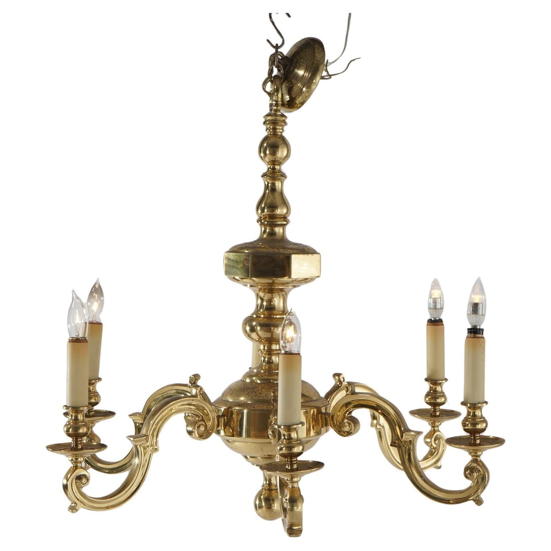 Large Antique Neoclassical Brass Chandelier Six-Arm C1930 USA (1 of 8)