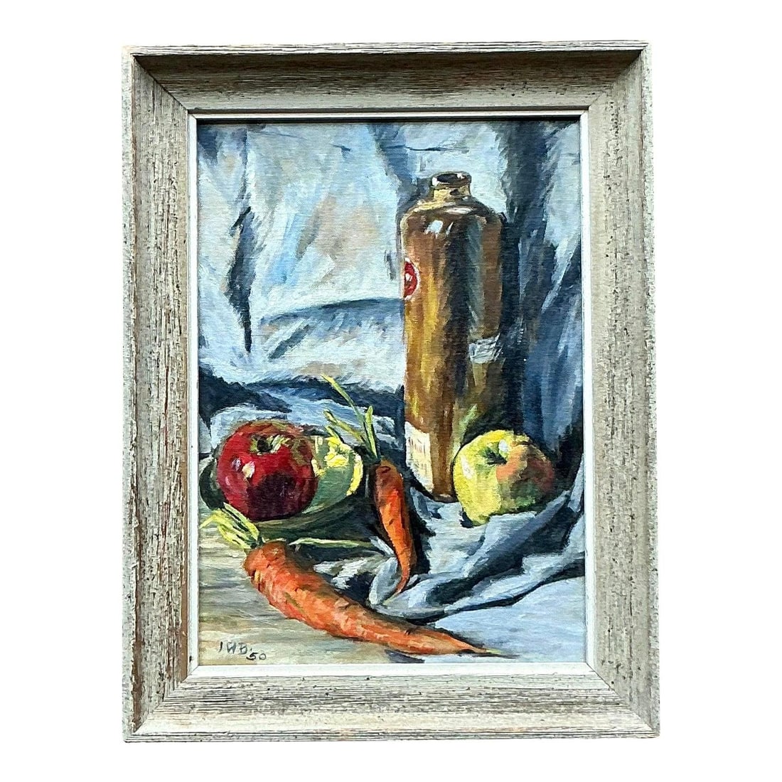 Mid-Century Still Life Oil Painting Signed JHB 1950 in Rustic Frame: Mid-Century Still Life Oil Painting Signed JHB 1950 in Rustic Frame This authentic Mid-Century oil painting, signed and dated "1950" by the artist JHB, features a classic still life composition with a