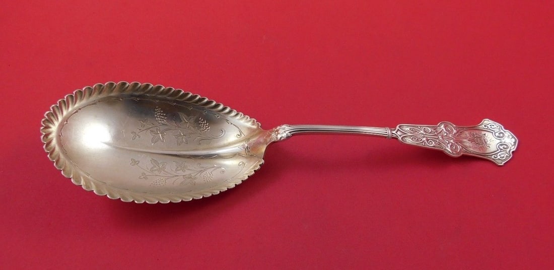 Whiting Alhambra Sterling Silver Berry Spoon 9" with Roses Grapes Leaves: Whiting Alhambra Sterling Silver Berry Spoon 9" with Roses Grapes Leaves This exquisite Alhambra serving spoon by Whiting showcases a stunning design featuring roses, grapes, and leaves with bright-cu