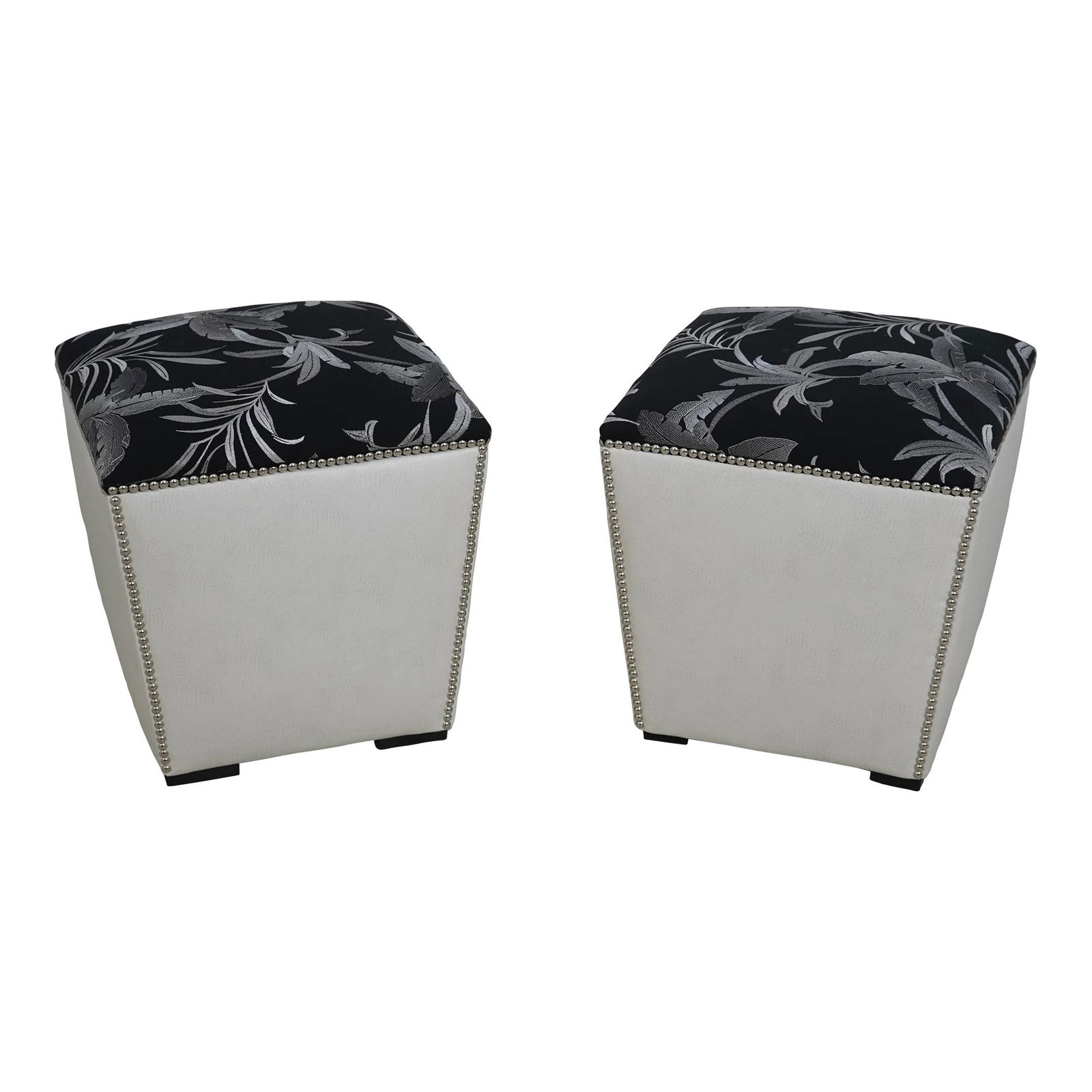 Custom Upholstered Ottoman Stools Pair White Faux Leather Silver Trim: Custom Upholstered Ottoman Stools Pair White Faux Leather Silver Trim Enhance your living space with this stylish Pair of Square Custom Upholstered Ottoman Stools. Crafted approximately 20 years ago,