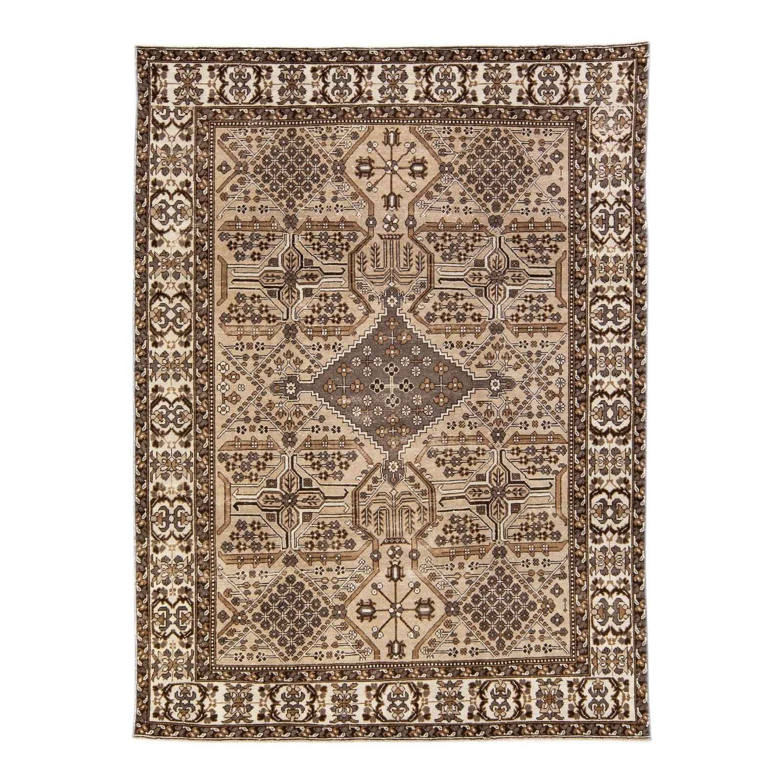 Vintage Persian Hand-Knotted Wool Rug 8'1 x 10'10 Brown: Vintage Persian Hand-Knotted Wool Rug 8'1 x 10'10 Brown This exquisite Vintage Persian rug showcases a stunning hand-knotted wool construction, featuring a rich brown color field. Adorned with an ivor