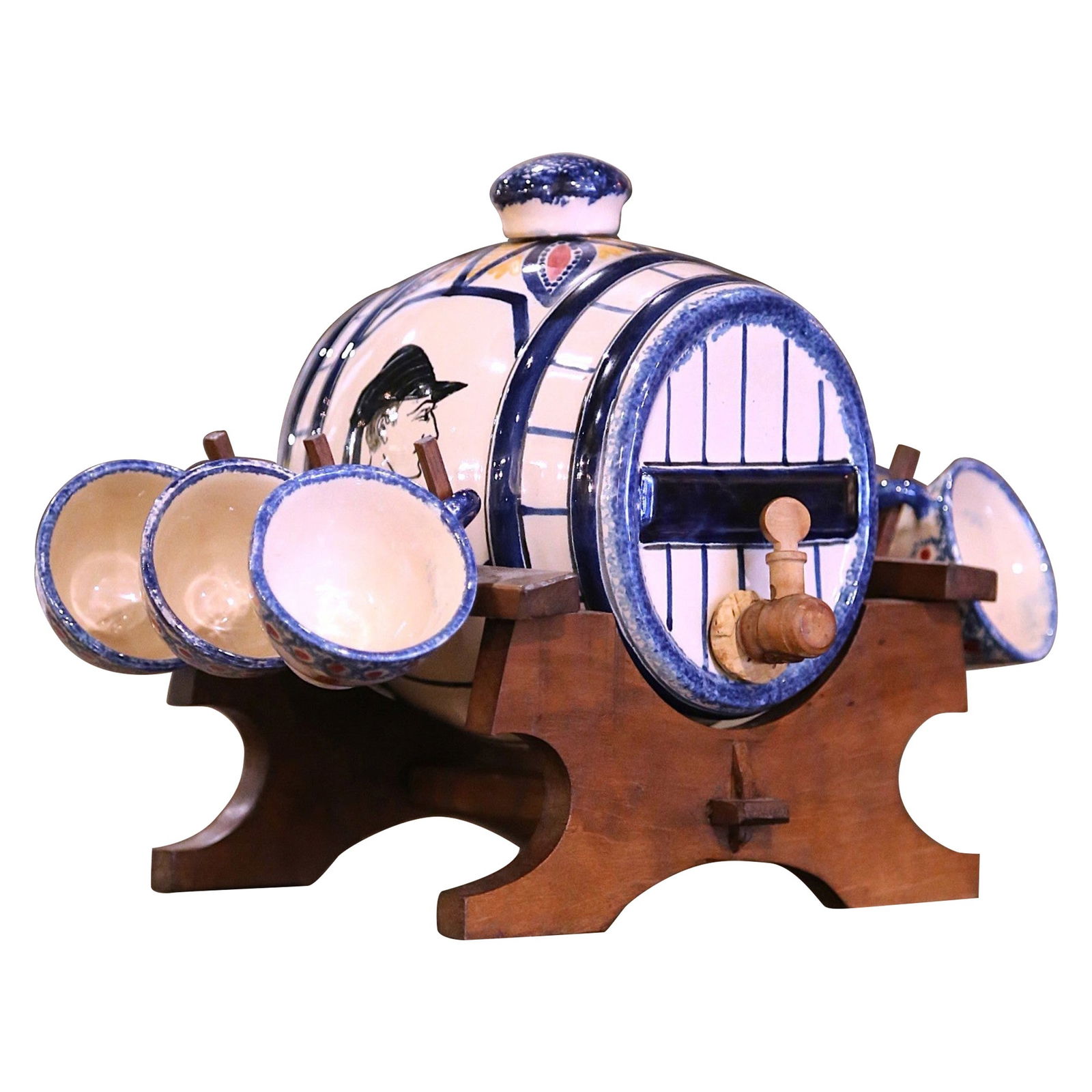 Antique Henriot Quimper Faience Liquor Barrel with 6 Cups Set: Antique Henriot Quimper Faience Liquor Barrel with 6 Cups Set Discover the charm of this Early 20th Century French Henriot Quimper Faience Liquor Barrel with Cups Set, a perfect addition to any bar or