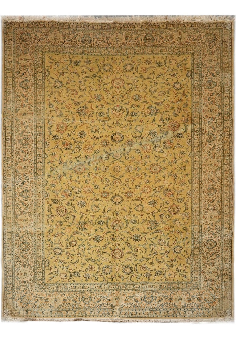 9.8 x 13.8 Hand-Knotted Persian Kashan Rug Gold Green Wool Iran 116 x 164 in: 9.8 x 13.8 Hand-Knotted Persian Kashan Rug Gold Green Wool Iran 116 x 164 in Free continental US Shipping This semi-antique Persian Kashan area rug features a classic medallion pattern, hand-knotted f