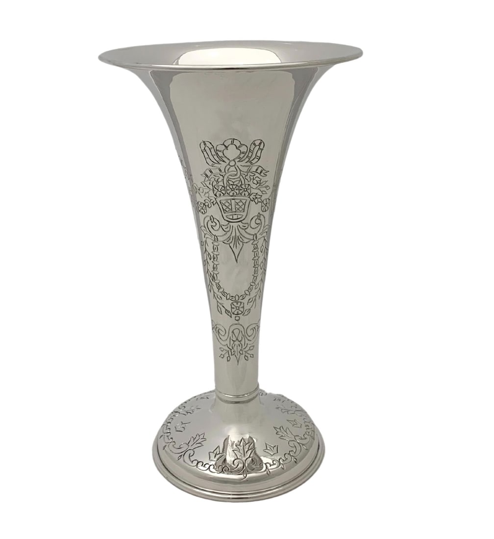 Handmade 925 Sterling Silver Floral Etched Flower Vase 11.25" (1 of 4)