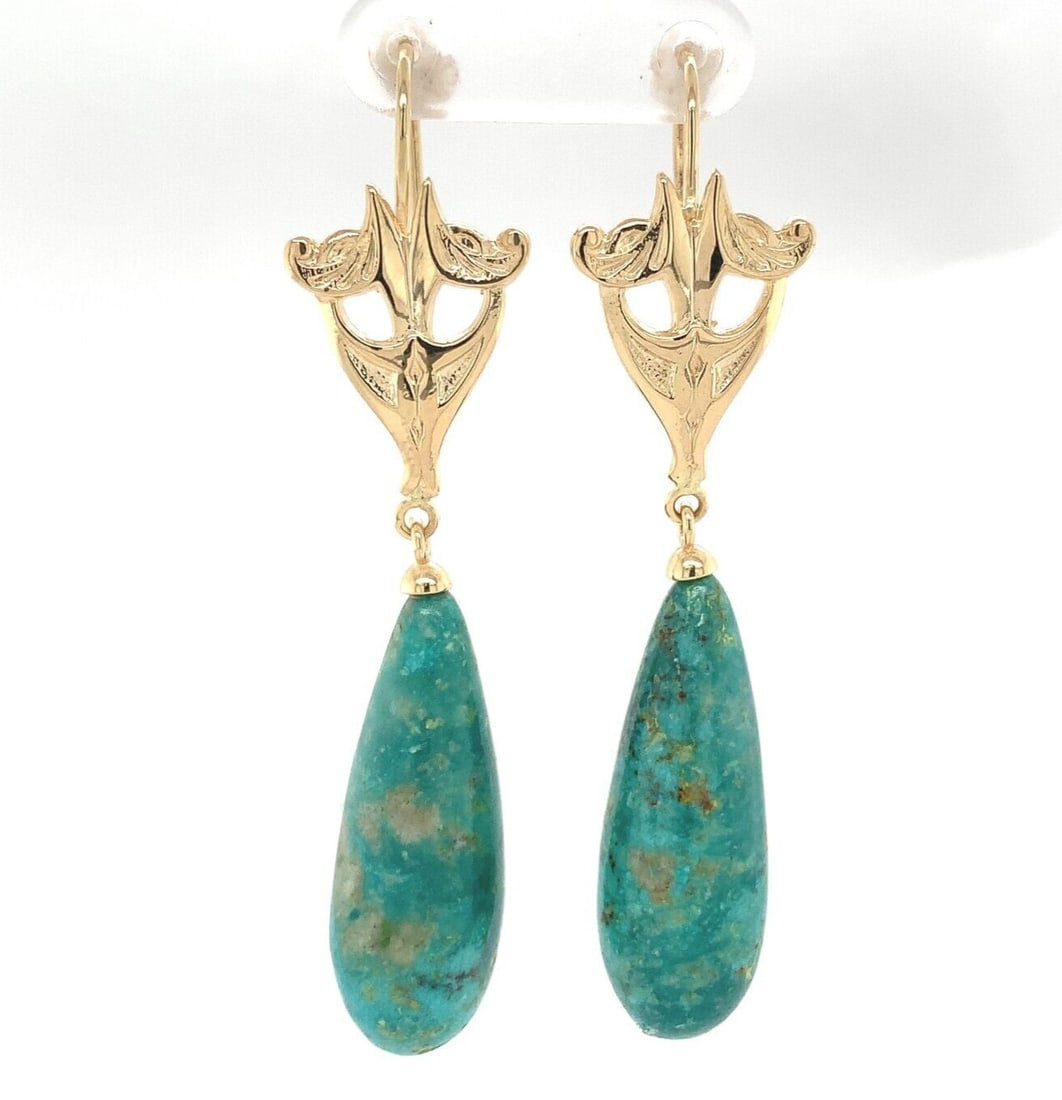 14k Yellow Gold 47.50ct Natural Fox Turquoise Dangle Earrings GIA Certified (1 of 6)
