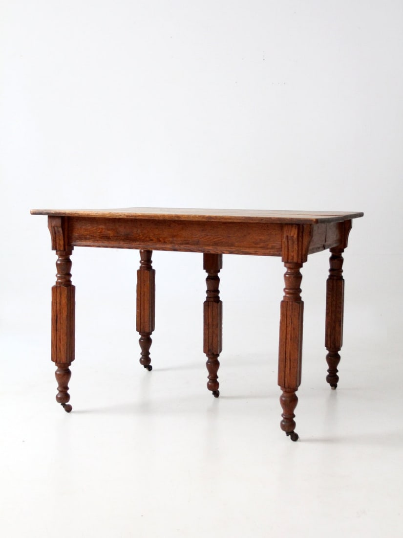 Antique Oak Dining Table with Five Baluster Legs and Casters (1 of 13)