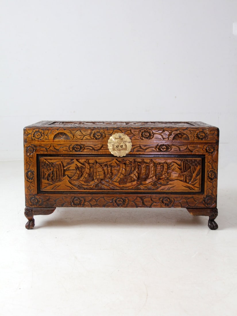 Vintage Chinese Camphor Wood Chest with Carved Junks (1 of 18)