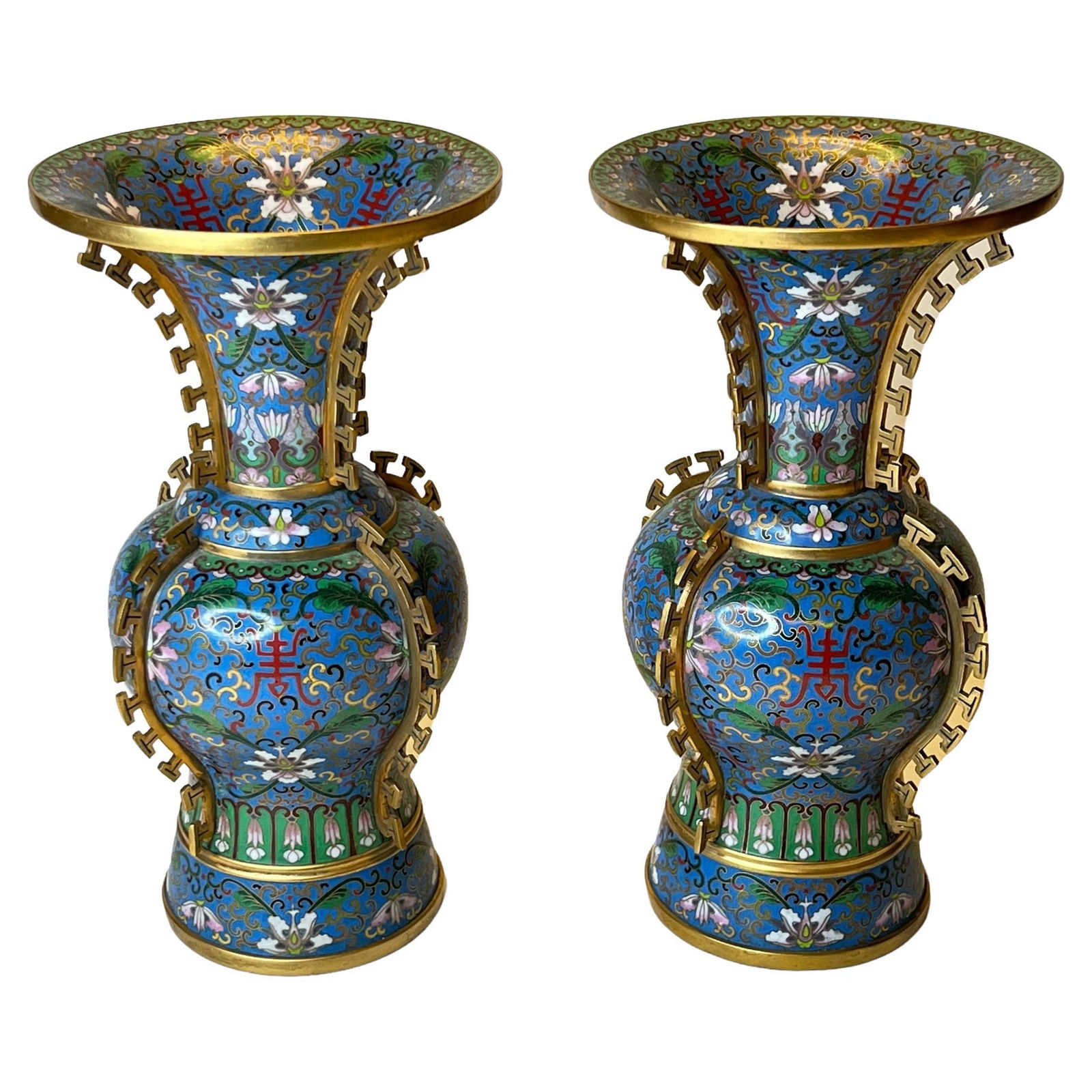 Set of Two Qing Style Blue Chinese Cloisonne Enamel Vases with Floral Motif (1 of 16)