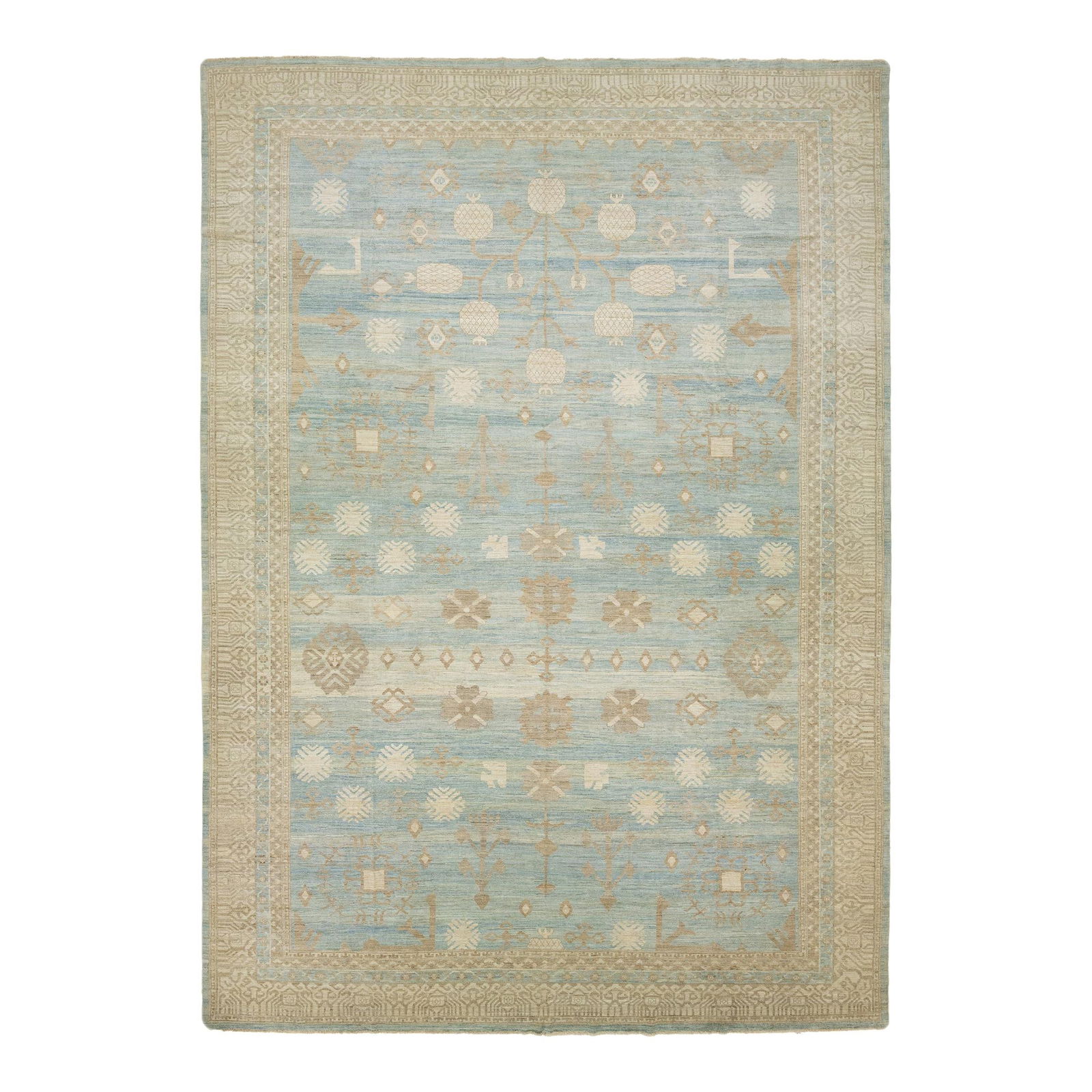Oversized Khotan Style Blue Wool Rug 16'3 x 22'10: Oversized Khotan Style Blue Wool Rug 16'3 x 22'10 Enhance your space with this oversized contemporary Khotan wool rug from India. Featuring a stunning light blue base, the intricate brown and cream-co