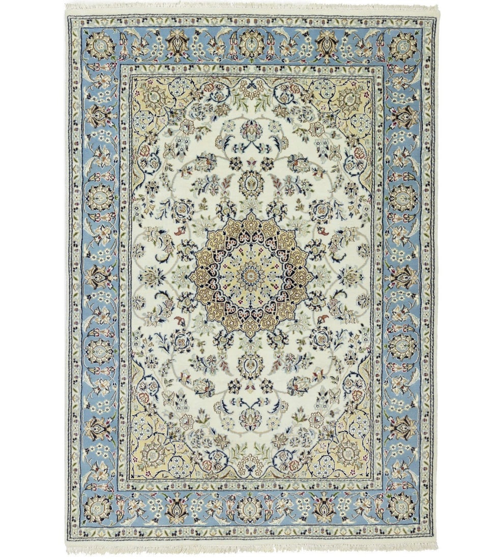 Handmade Indo-Nain Floral Medallion Rug Wool Silk 4'9 x 6'9: Handmade Indo-Nain Floral Medallion Rug Wool Silk 4'9 x 6'9 Enhance your living space with this exquisite 5x7 Handmade Indo-Nain Oriental Rug, featuring a stunning floral medallion design in a palette