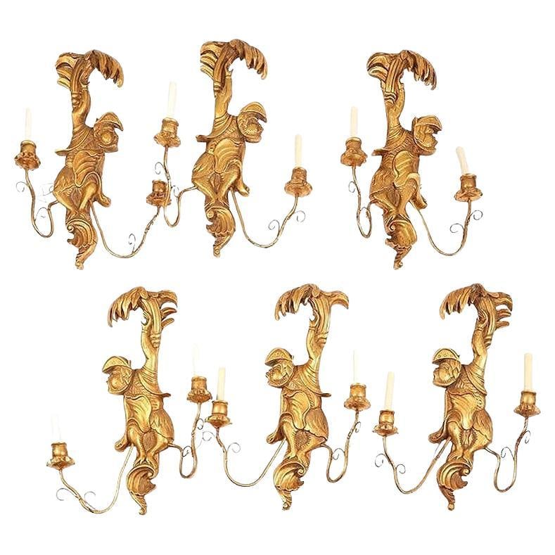 Six Venetian Giltwood Monkey Sconces Mid-Century Italian Carved Lighting Set: Six Venetian Giltwood Monkey Sconces Mid-Century Italian Carved Lighting Set This set of six Mid-Century Venetian Italian sconces features hand-carved monkey forms crafted from gilt wood and metal. Ea