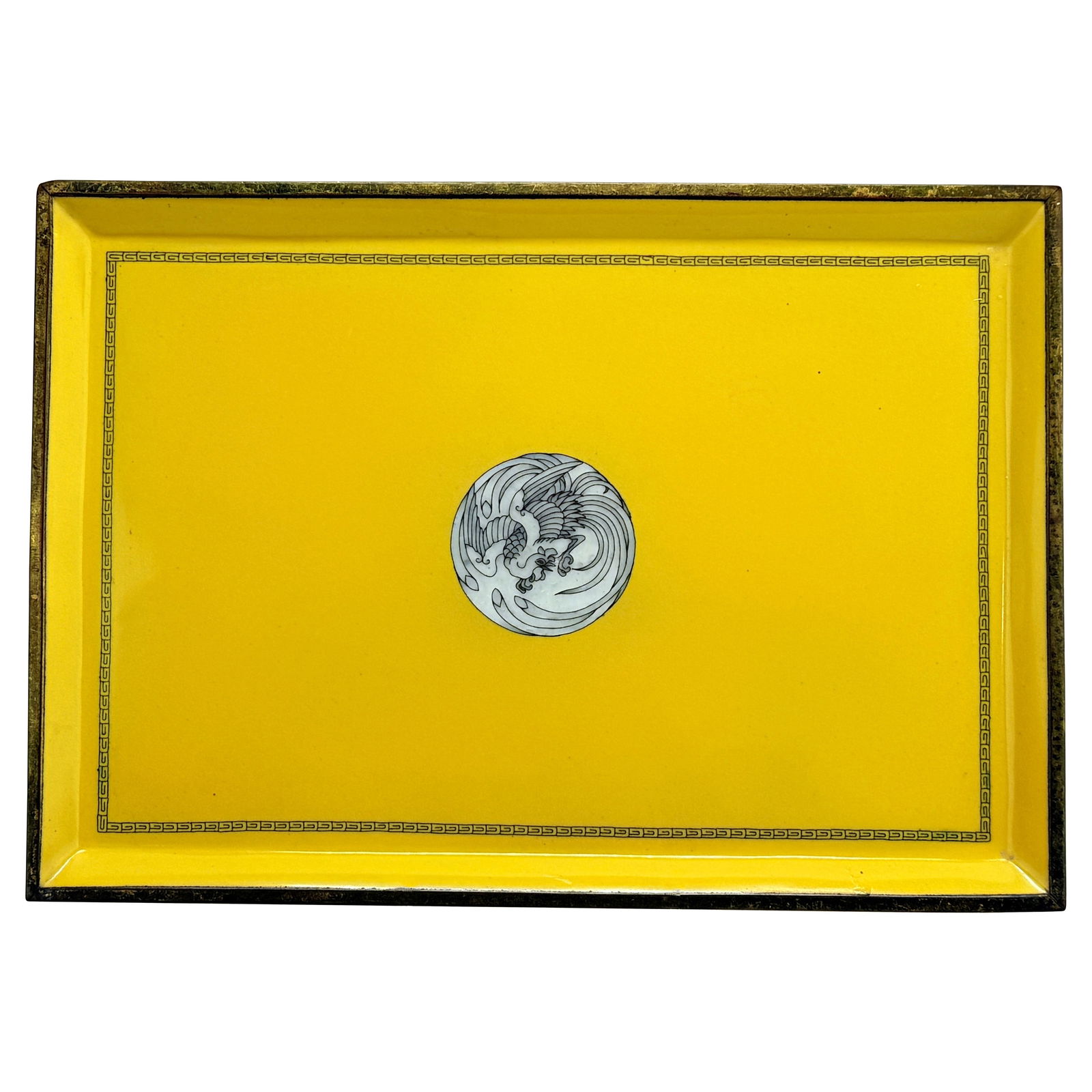Showa Era Imperial Yellow Cloisonne Tray with Phoenix Medallion: Showa Era Imperial Yellow Cloisonne Tray with Phoenix Medallion This exquisite cloisonne enamel tray showcases the artistry of mid-20th century Japan, featuring a vibrant imperial yellow background an