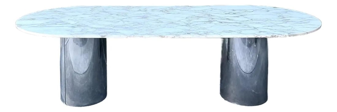 White Marble Dining Table with Chrome Cylindrical Pedestals 108 Inch Oval Top: White Marble Dining Table with Chrome Cylindrical Pedestals 108 Inch Oval Top This vintage dining table features a striking postmodern design with a large oval white marble top accented by distinctive