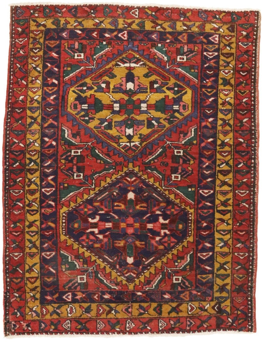 Vintage 4x5 Wool Hand-Knotted Tribal Geometric Oriental Rug Western Asia: Vintage 4x5 Wool Hand-Knotted Tribal Geometric Oriental Rug Western Asia This vintage hand-knotted Oriental rug features a geometric tribal pattern in rich shades of red, plum, gold, green, purple, co
