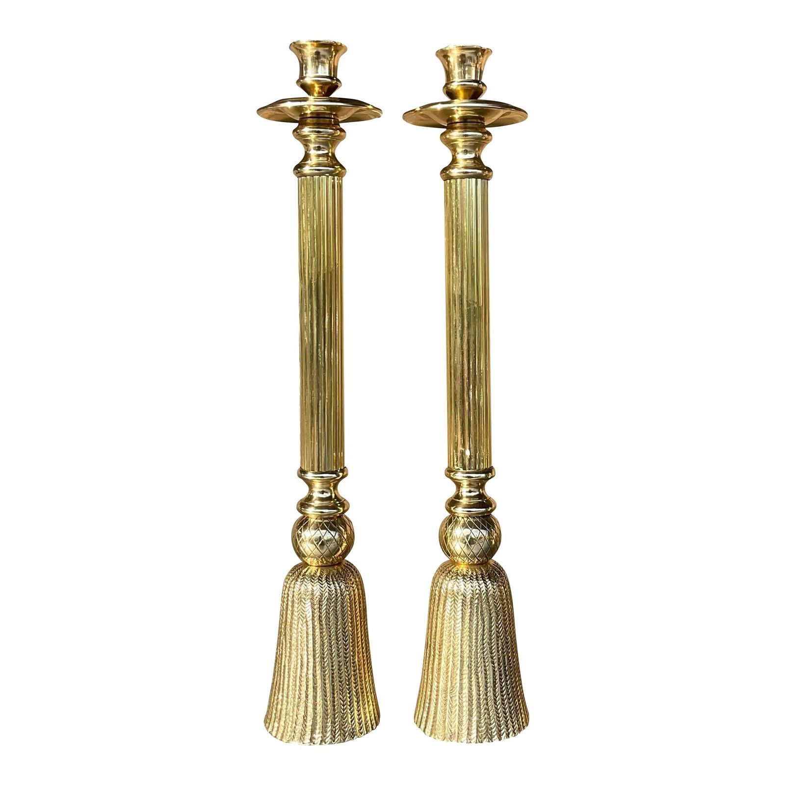 Chic Vintage Regency Brass Tassel Candlesticks Pair 18 Inches: Chic Vintage Regency Brass Tassel Candlesticks Pair 18 Inches Presenting a stunning pair of vintage Regency candlesticks, featuring a chic tassel design and a gorgeous mirror-polished brass finish. Th