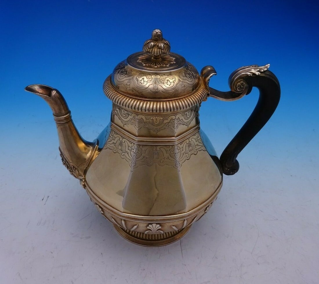 Cardeilhac .950 Silver Vermeil Tea Pot with Ebony Handle Cattails: Cardeilhac .950 Silver Vermeil Tea Pot with Ebony Handle Cattails Experience elegance with this Cardeilhac French .950 Silver Tea Pot, beautifully crafted with a vermeil finish and an ebony handle. Th