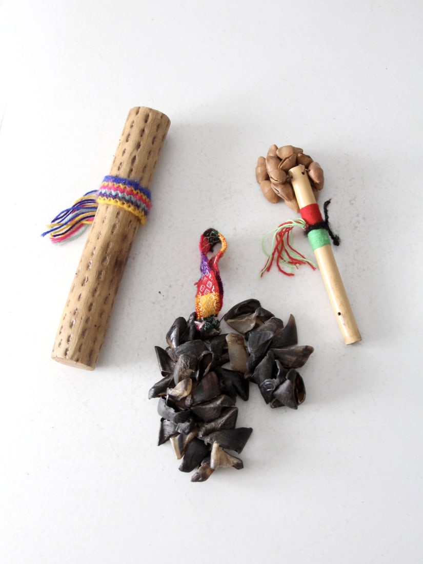 Set of Vintage Andean Rainstick Rattle and Chajchas Folk Instruments (1 of 7)