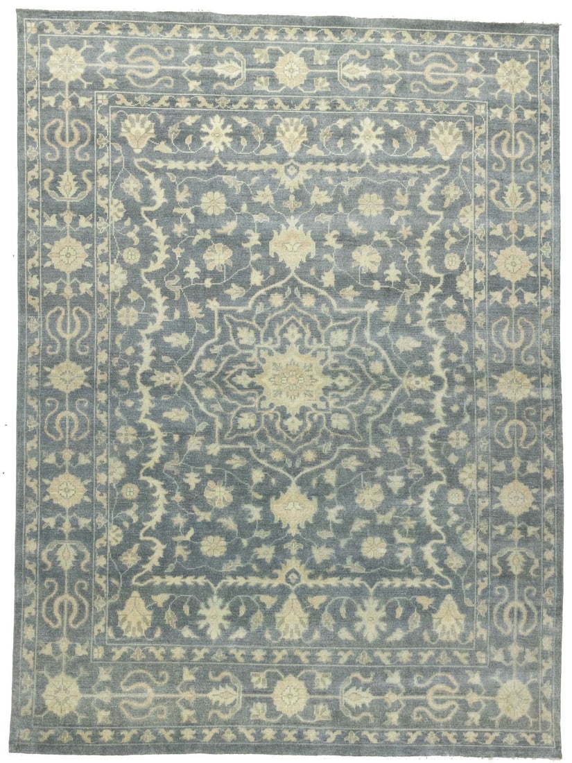 Hand-Knotted Floral 9x12 ft Wool Oriental Rug in Muted Colors: Hand-Knotted Floral 9x12 ft Wool Oriental Rug in Muted Colors Enhance your living space with this exquisite hand-knotted floral Oriental rug, featuring a transitional design in muted colors. Perfect f