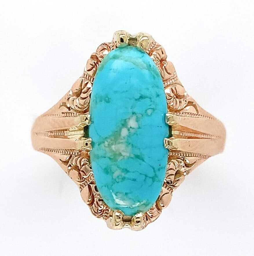 Vintage 10k Rose Gold Turquoise Ring Oval Cabochon Size 6 GIA Certified (1 of 10)