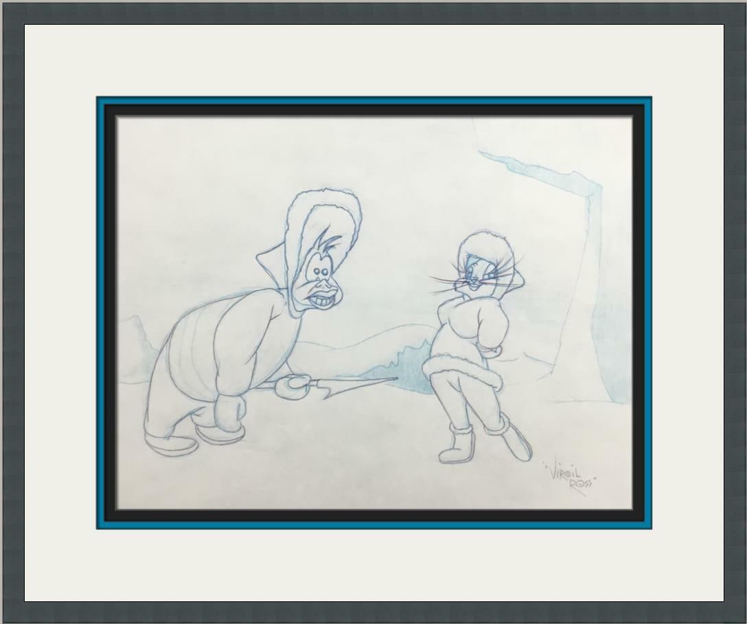 Signed Eskimo Bugs Bunny Production Drawing by Virgil Ross: Signed Eskimo Bugs Bunny Production Drawing by Virgil Ross This original concept production drawing features the beloved character Eskimo Bugs Bunny, created by legendary animator Virgil Ross. Rendere