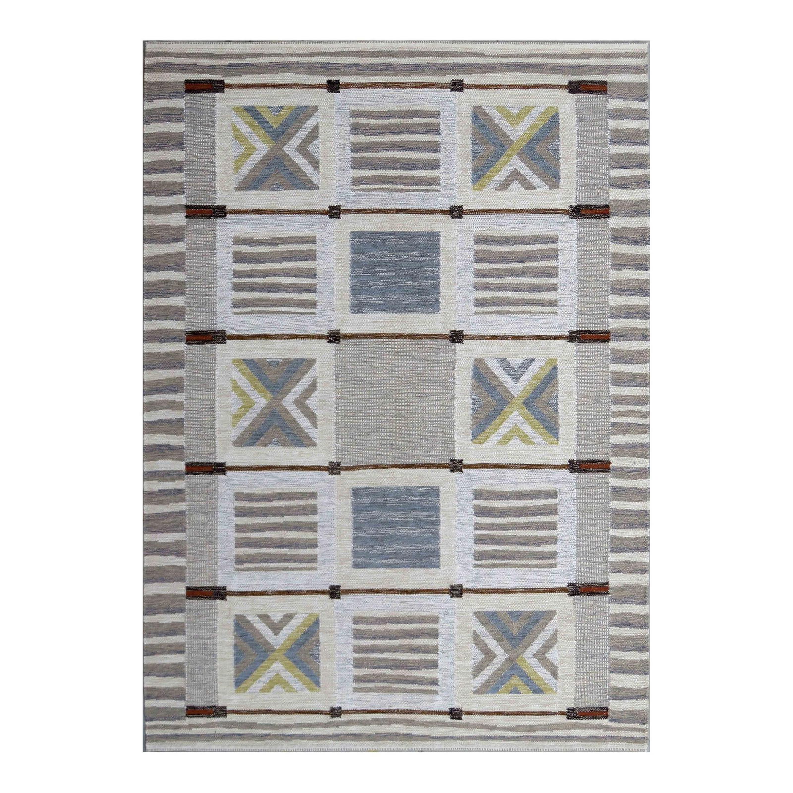 Handmade Scandinavian Wool Rug 9'3 x 11'10 Gray Geometric Design: Handmade Scandinavian Wool Rug 9'3 x 11'10 Gray Geometric Design Elevate your living space with this stunning contemporary Scandinavian flatweave rug, handcrafted from organic wool. The rug features a